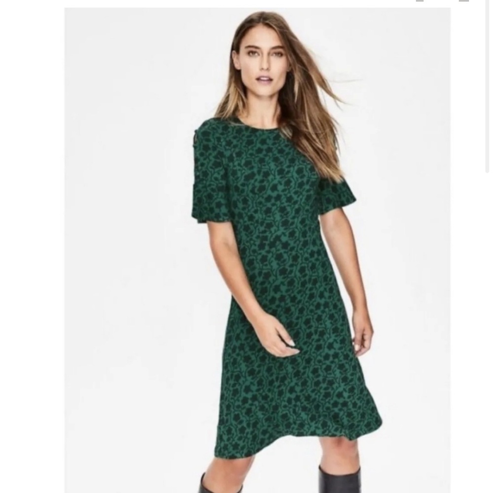 Boden Alexis Green Floral Jersey Fit N Flare Sort Sleeve Knee Length Dress 8L